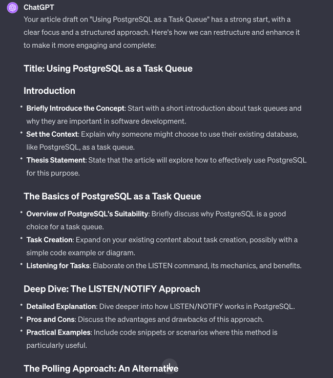 Screenshot of ChatGPT replying with hint and a structure for my post