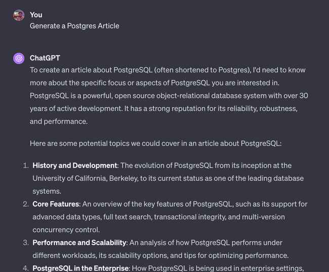 screenshot of me asking chatgpt to generate a postgres article