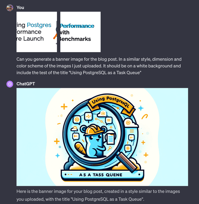 Screenshot of my prompt to chatgpt with two sample images and chatgpt's response with the cover image I used for my posts banner